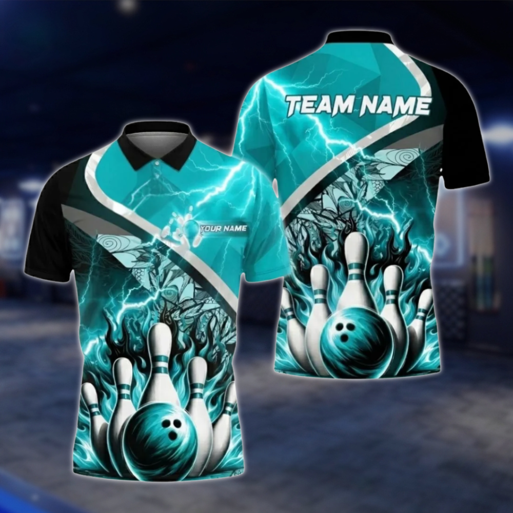 Personalized Blue Flame Thunder Bowling Polo Shirt Men, Custom Flame Bowling Shirt Team BZ0804 BOW0103