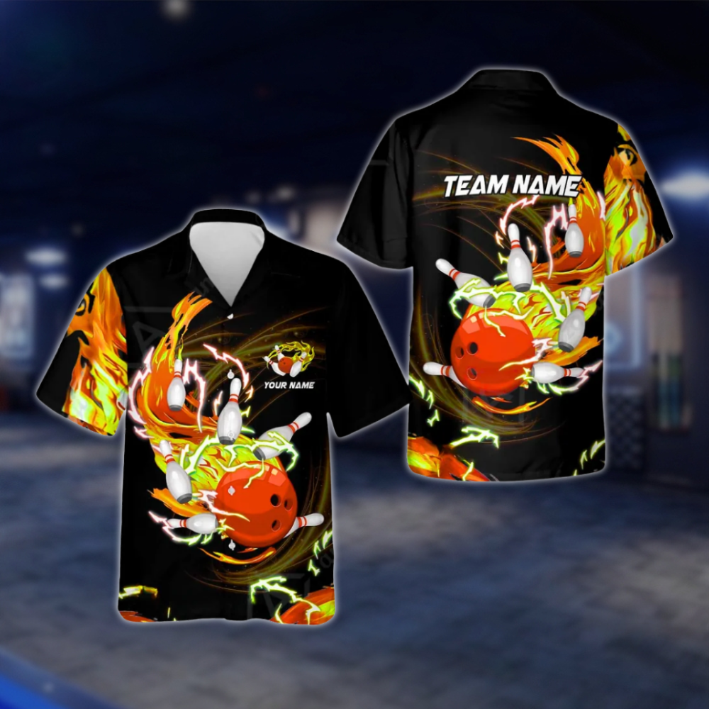 Personalized Flame Ball And Pins Bowling Hawaiian Shirt For Men, Custom Flame Team Bowling Shirt BZ0771 BOW0136