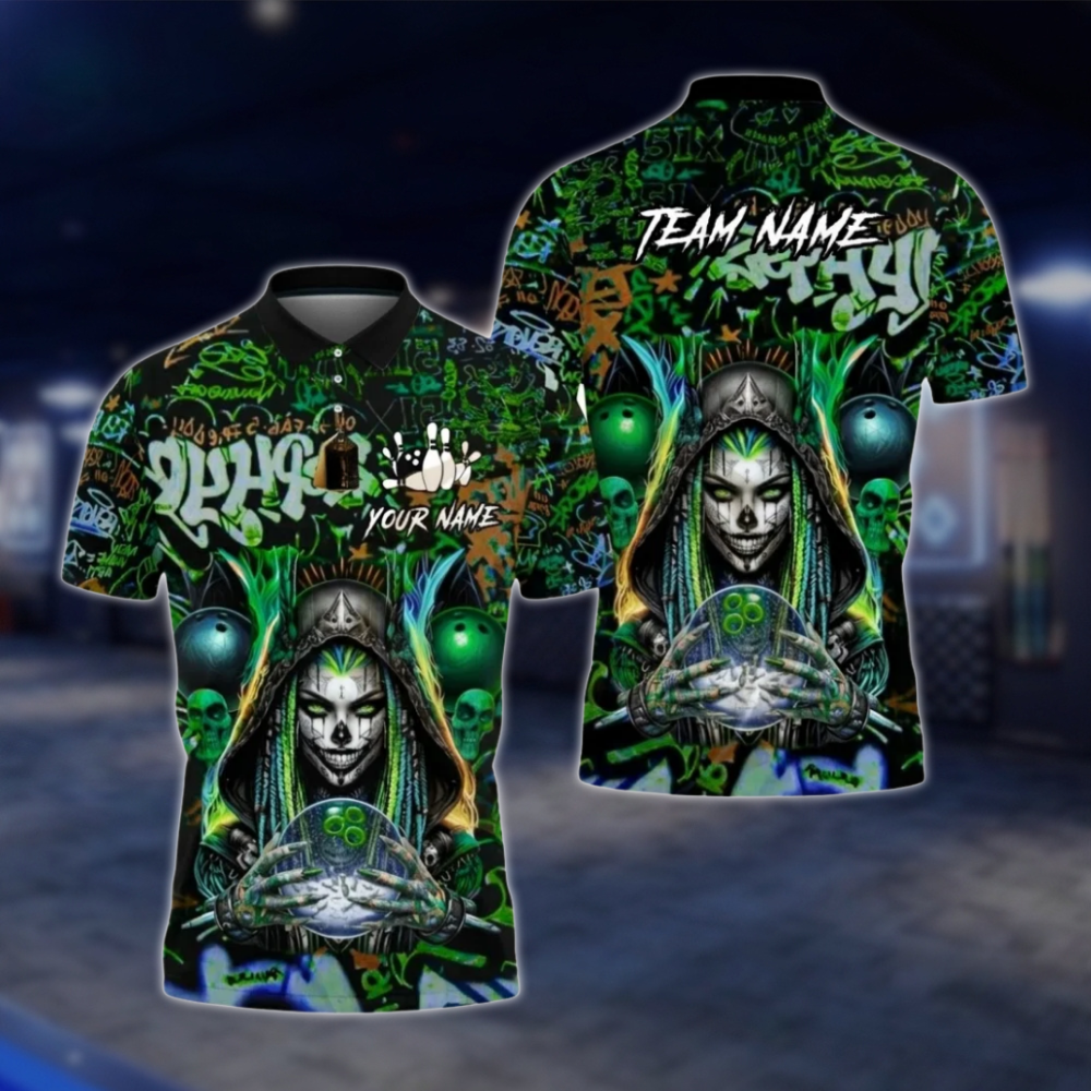 Personalized Cyberpunk Witch Skeleton Graffiti Bowling Mens Polo Shirt, Custom Skull Bowling Team Shirt BZ0794 BOW0113