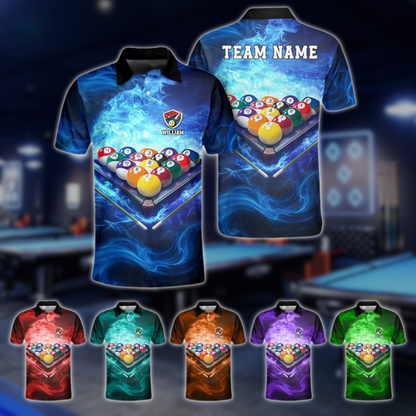 Custom Blue Flame Smoke Billiard Team Polo Shirt For Mens, Custom Flame Billiards Team Shirts BLD0269