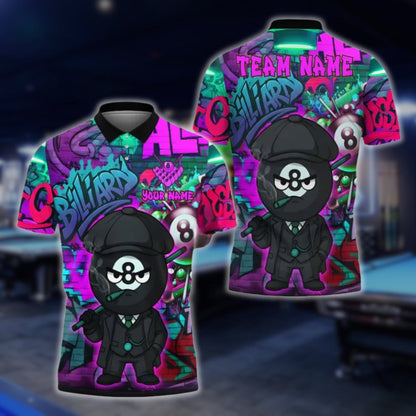 Custom 8 Ball Graffiti Men's Billiard Polo Shirts, Custom 8 Ball Pool Team Shirts BLD0045