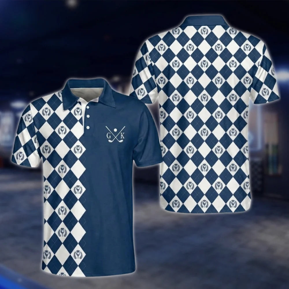 Personalized Initial Name Men's Argyle Golf Polo Shirt, Custom Argyle Golf Shirt Pink GOF0088