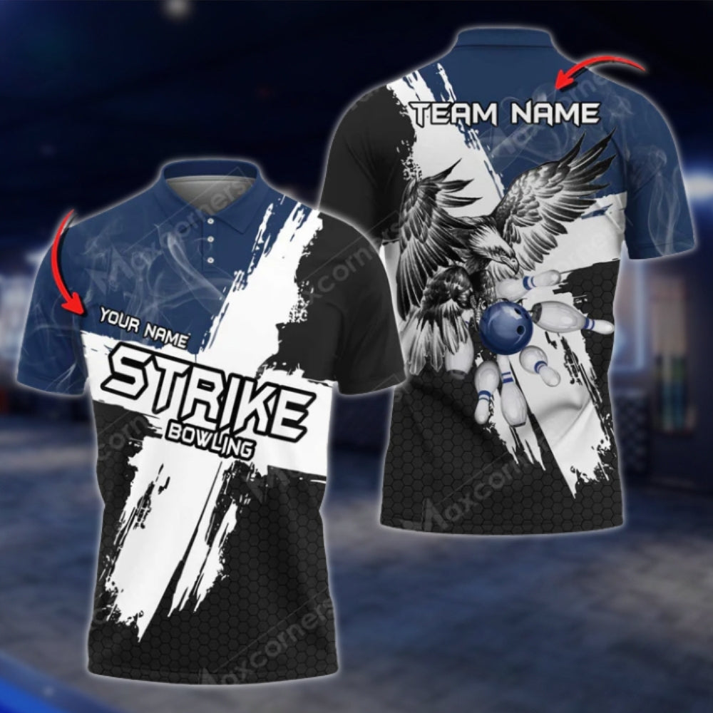Ealge Strike Custom Black And White Bowling Mens Polo Shirts, Custom Eagle Bowling Team Shirts BO0412 BOW0256