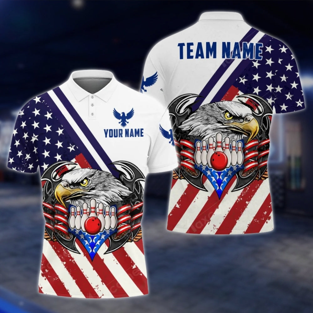 Custom Eagle American Flag Bowling Mens Polo Shirt, Custom Patriotic Eagle Bowling Team Shirts BO0087 BOW0196