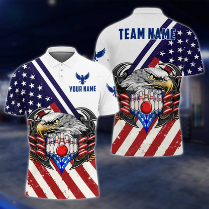 Custom Eagle American Flag Bowling Mens Polo Shirt, Custom Patriotic Eagle Bowling Team Shirts BO0087 BOW0196