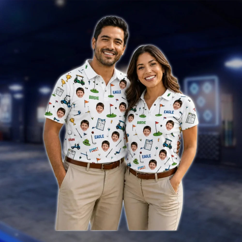 Custom Photo Couple Matching Golf Polo Shirts, Custom Face Golf Shirts For Men Women GOF0066