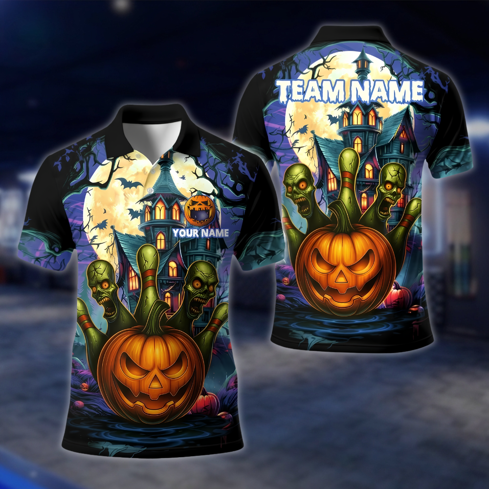 Personalized Skull Pumpkin Bowling Polo Shirt Mens, Custom Halloween Bowling Shirt For Team BE0249 BOW0033