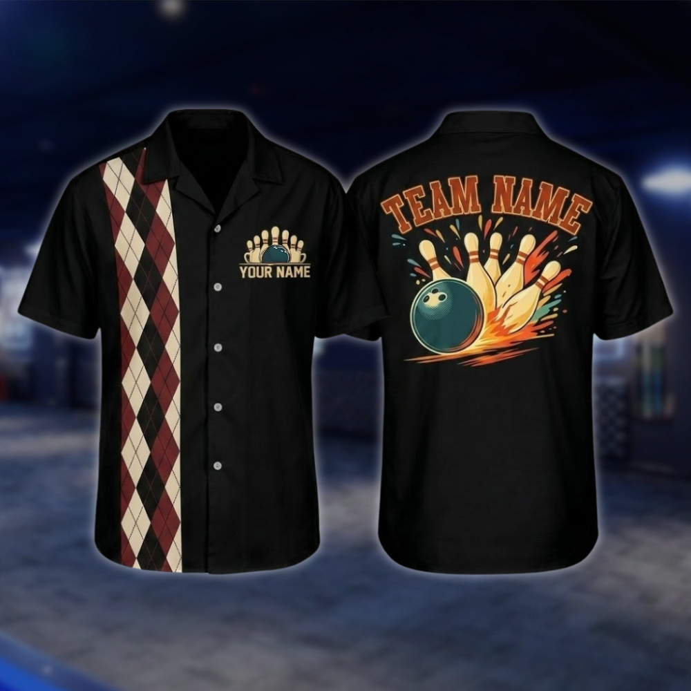 Personalized Argyle Navy Retro Bowling Hawaiian Shirt For Men, Custom Retro Bowling Shirt For Team BZ0797 BOW0152