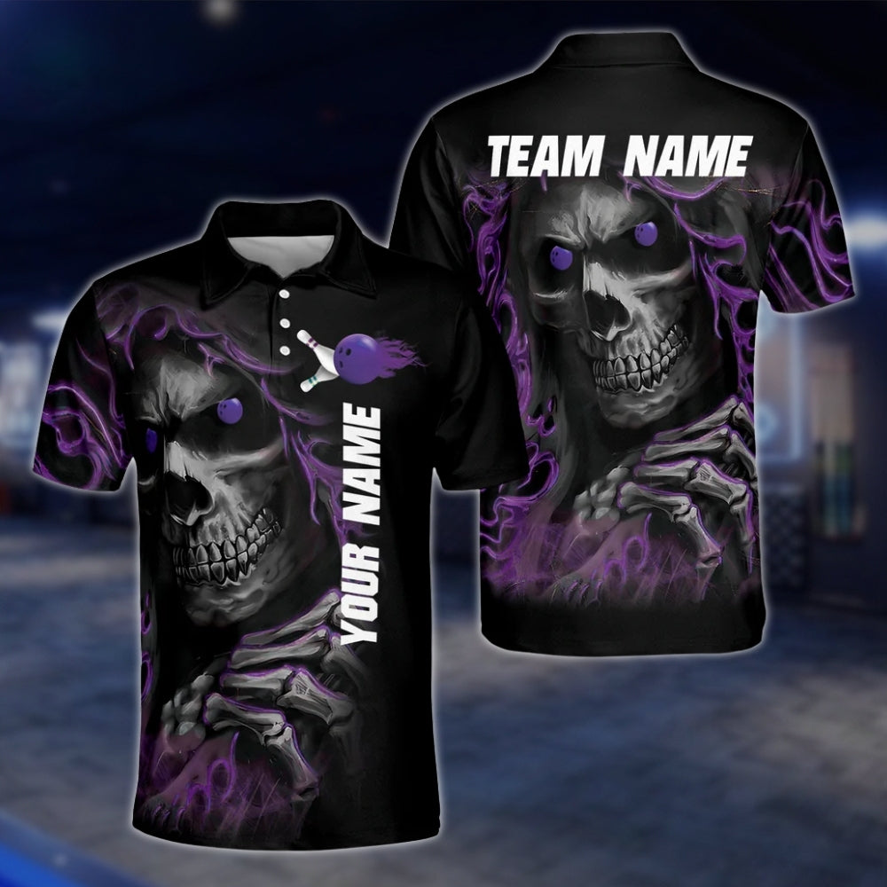 Skeleton Green Black Custom Mens Bowling Polo Shirt, Custom Skull Bowling Team Shirts BZ0009 BOW0231