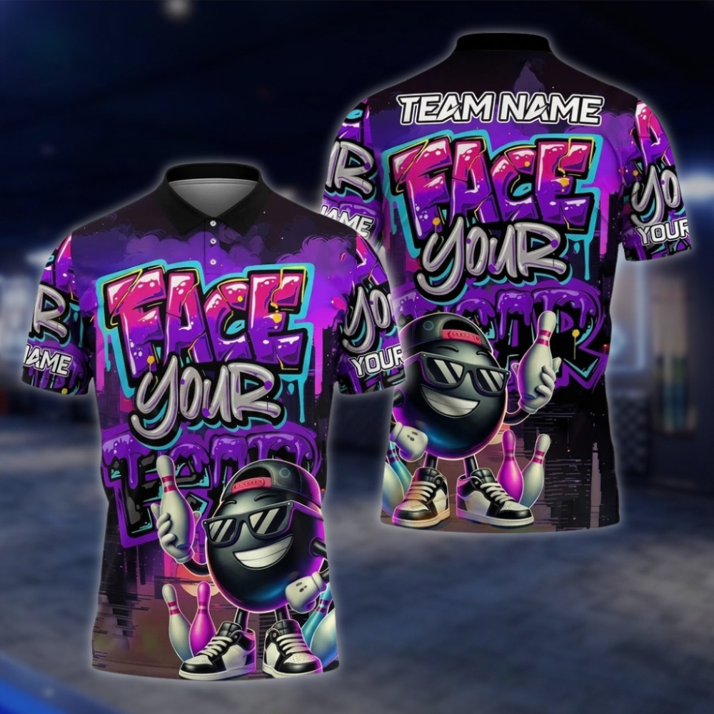 Face Your Fear Personalized Fun Ball Bowling Polo Shirt Men, Custom Funny Team Bowling Shirt Graffiti BZ0859 BOW0089