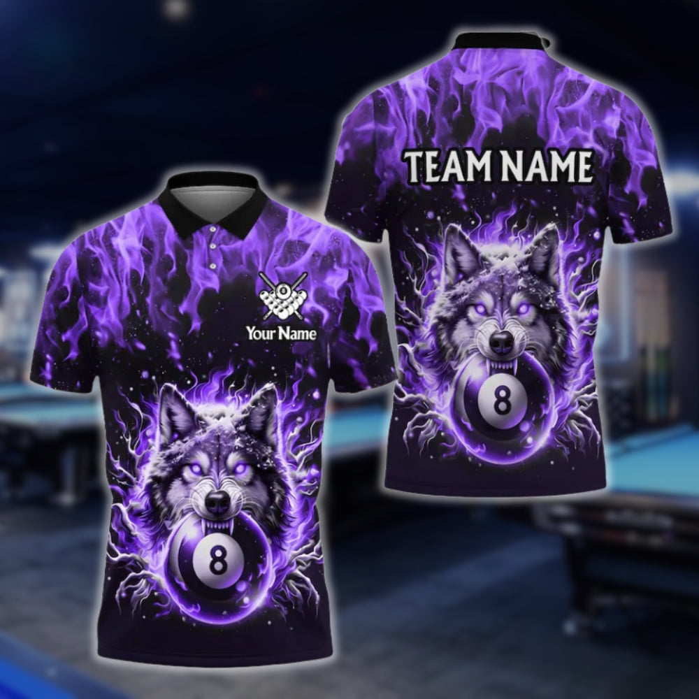 Custom Wolf 8 Ball Flaming Billiard Men Polo Shirt, Custom Wolf Billiard Team Shirts BLD0044