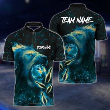 Personalized Lion Flame Blue Bowling Polo Shirt For Men, Custom Lion Bowling Shirt For Team BZ0731 BOW0186
