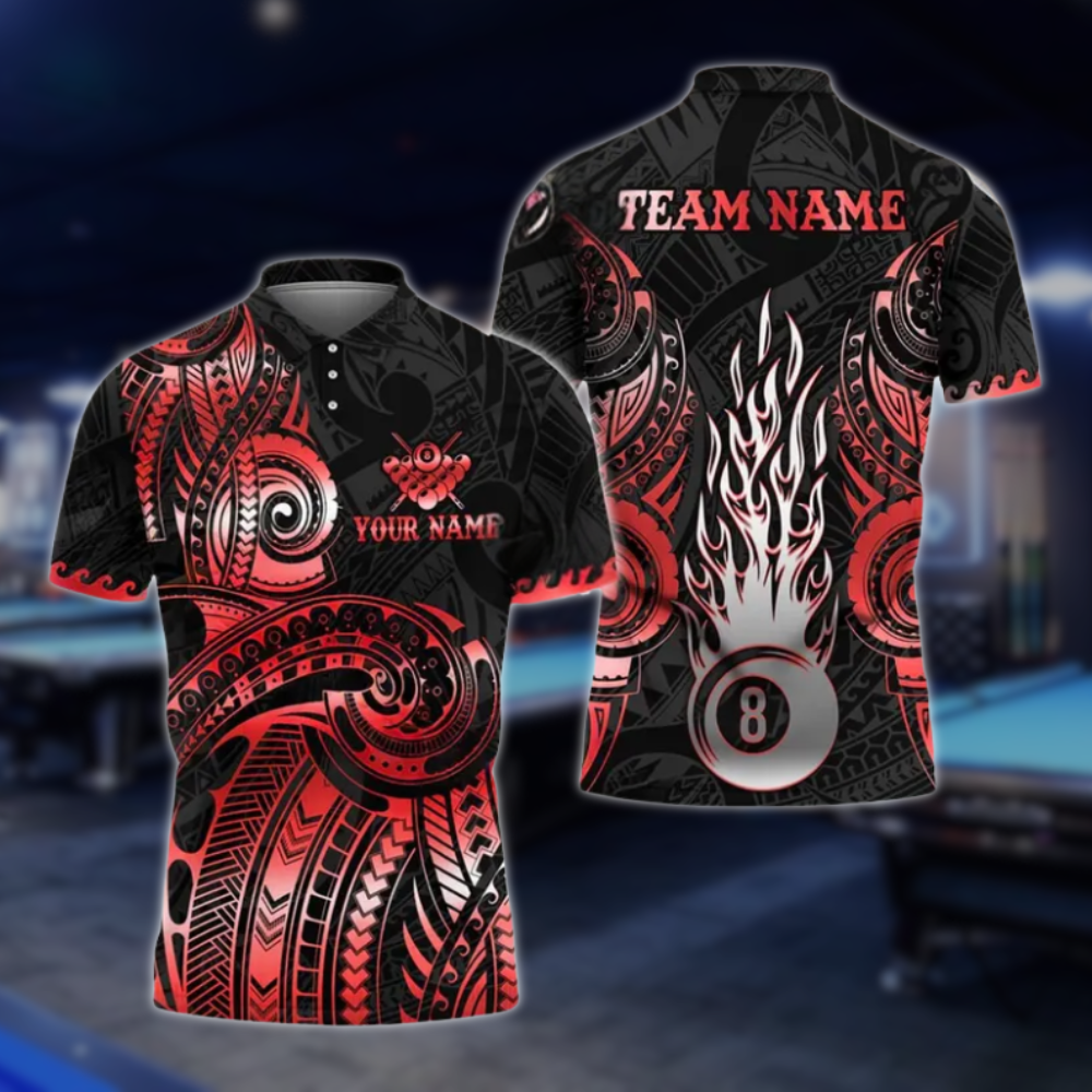 Custom Tribal Black And Grey 8 Ball Billiard Polo Shirt For Men, Custom Tribal Billiard Team Shirts BLD0009