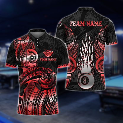 Custom Tribal Black And Grey 8 Ball Billiard Polo Shirt For Men, Custom Tribal Billiard Team Shirts BLD0009