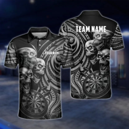 Custom Skull Tribal Cyan Dart Polo Shirt Mens, Custom Skull Dart Team Shirts DAT0238
