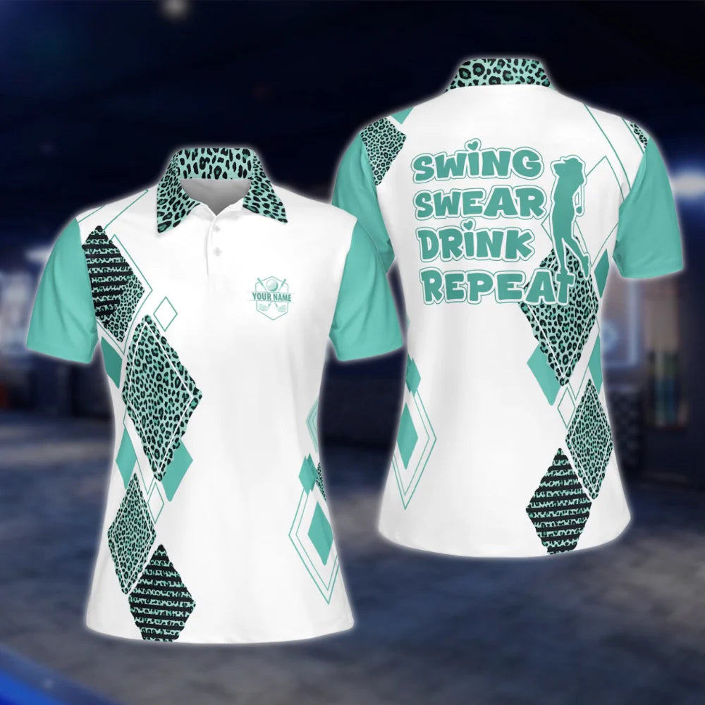 Personalized Swing Swear Drink Repeat Women's Pink Leopard Golf Polo Shirt, Custom Funny Golf Shirt For Ladies GOF0017