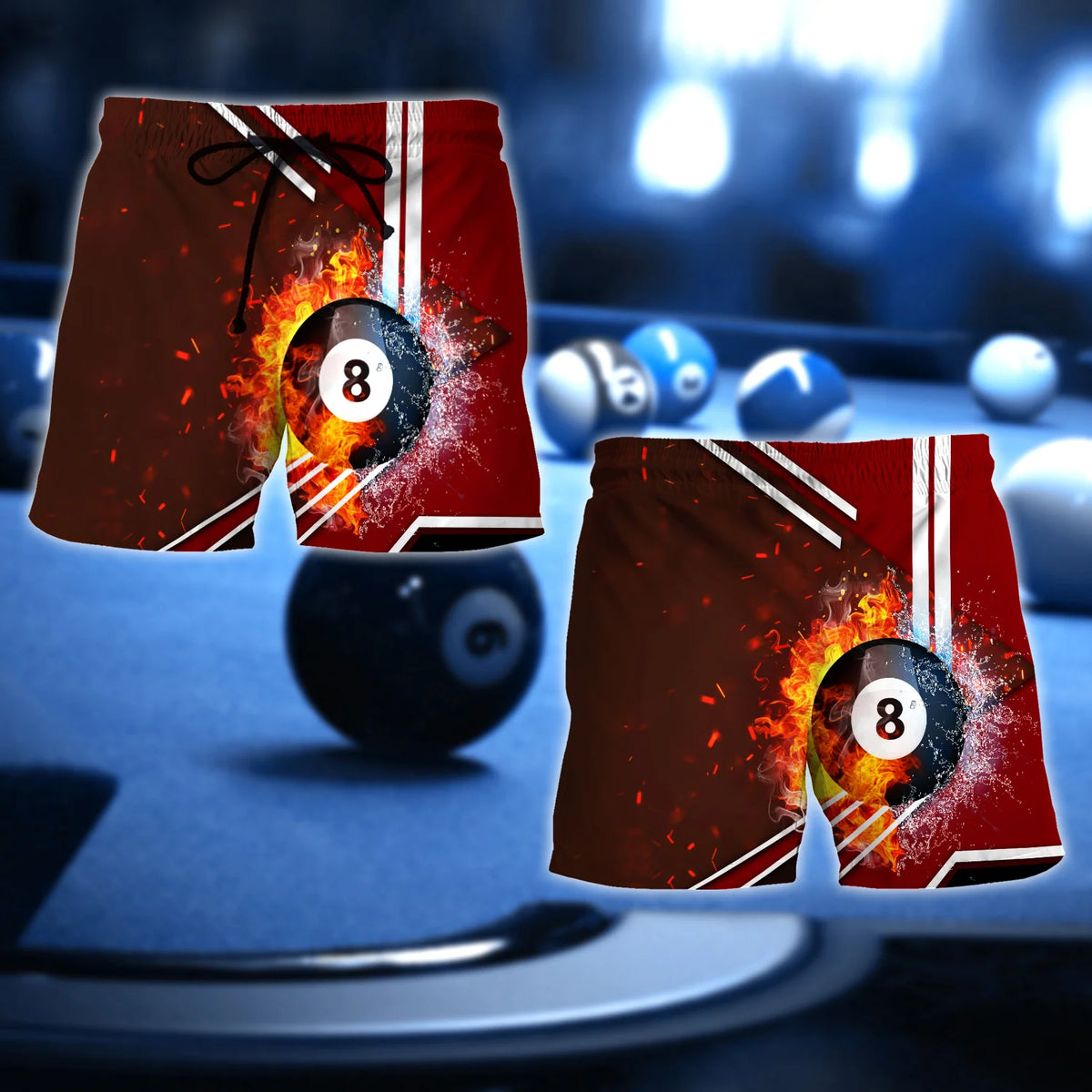 Red Billiard Pool 8 Ball On Fire Custom Name 3D Short Sleeve T-Shirt Men's Board Shorts ORN0283