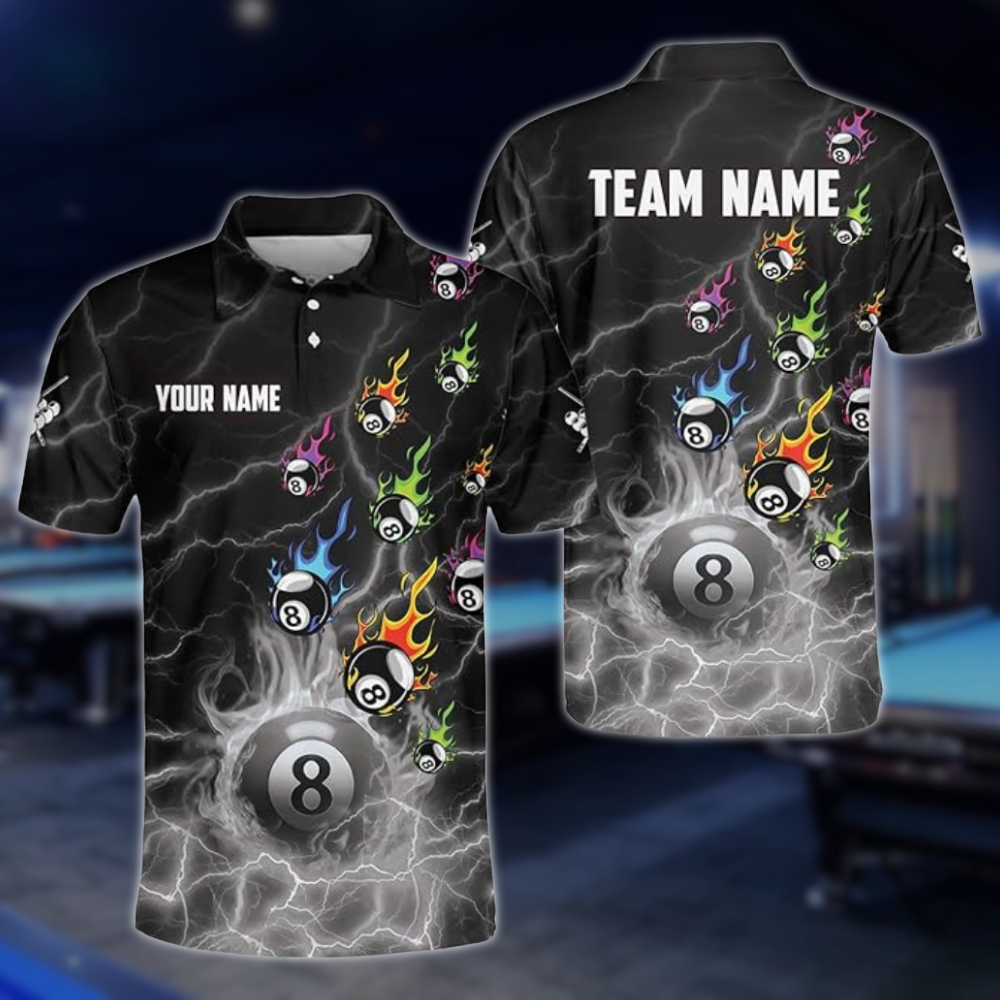 Custom Flame 8 Ball Billiard Polo Shirt For Mens, Custom Flame Billiard Team Shirts BLD0216