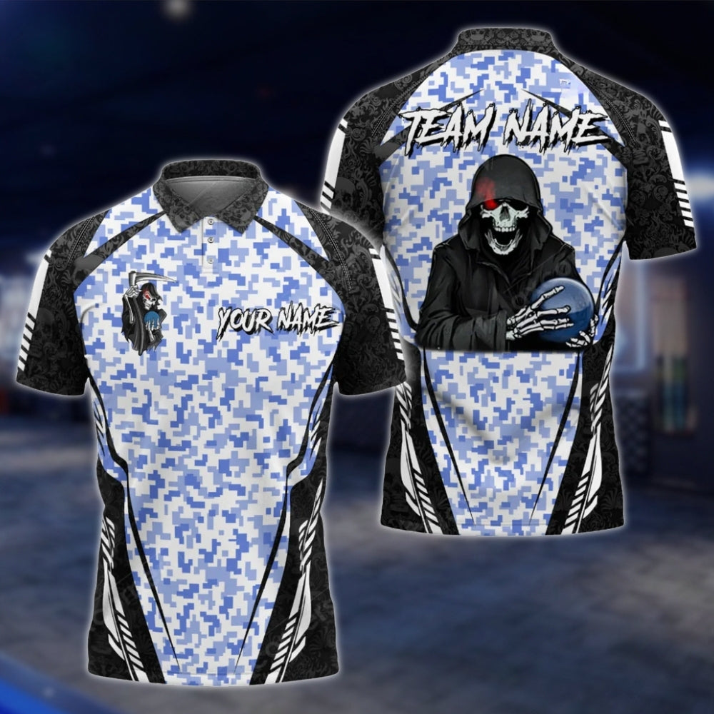 Custom Skeleton Camo Bowling Mens Polo Shirt, Custom Skull Bowling Shirts For Team BO0334 BOW0192