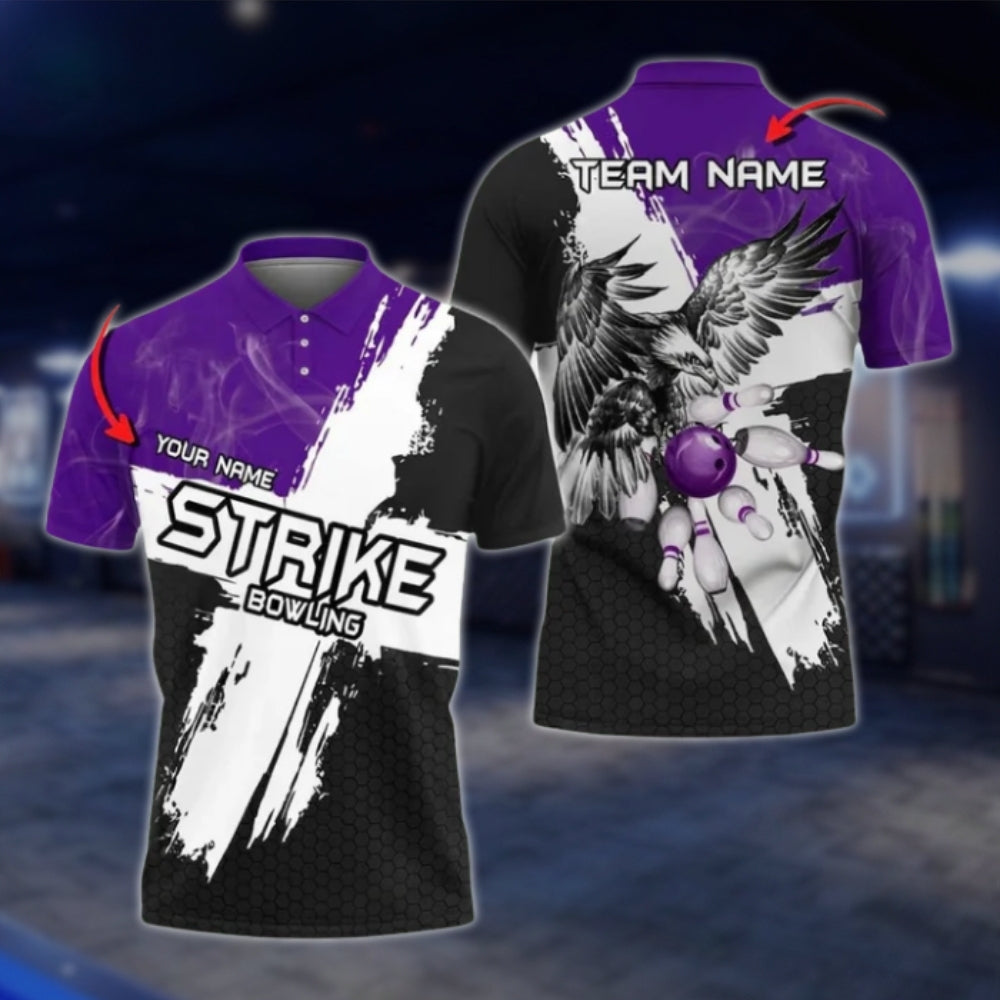 Ealge Strike Custom Black And White Bowling Mens Polo Shirts, Custom Eagle Bowling Team Shirts BO0412 BOW0256