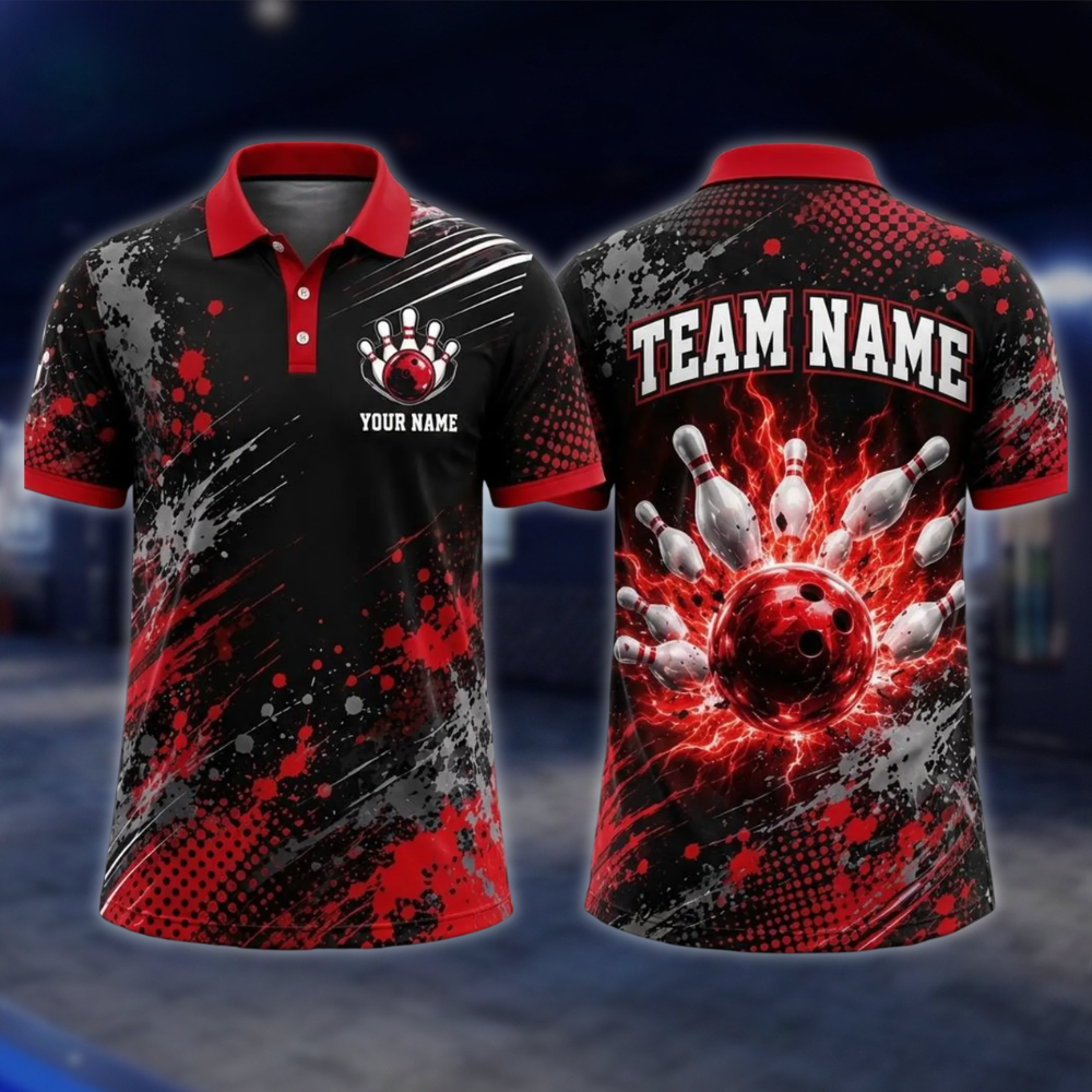 Personalized Thunder Bowling Mens Polo Shirts Black And Blue, Custom Thunder Bowling Team Shirts BE0241 BOW0084