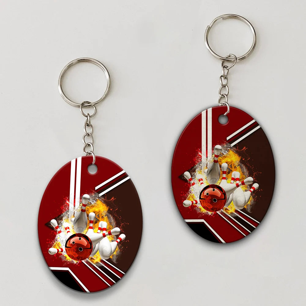 Red Bowling Ball On Fire Crashing Pins Keychain ORN0187