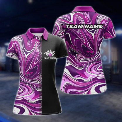 Personalized Marble Purple Black Women's Bowling Polo Shirt, Custom Team Bowling Shirt Ladies BZ0766 BOW0142