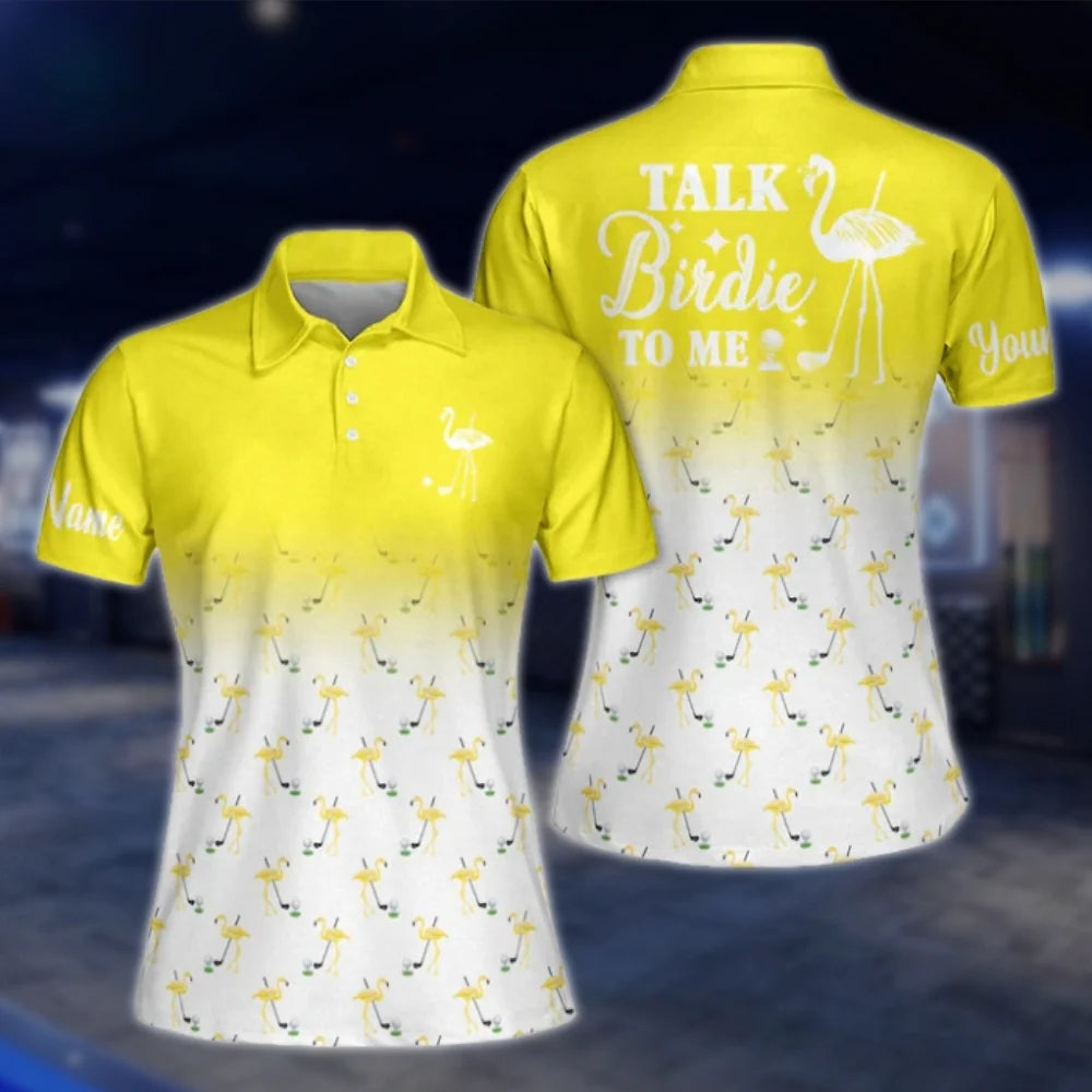 Talk Birdie To Men Custom White Pink Flamingo Golf Polo Shirts, Custom Funny Flamingo Golf Shirts For Women GOF0271