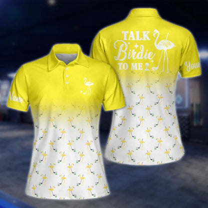 Talk Birdie To Men Custom White Pink Flamingo Golf Polo Shirts, Custom Funny Flamingo Golf Shirts For Women GOF0271