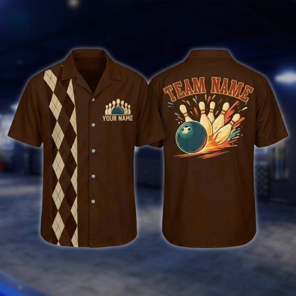Personalized Argyle Navy Retro Bowling Hawaiian Shirt For Men, Custom Retro Bowling Shirt For Team BZ0797 BOW0152