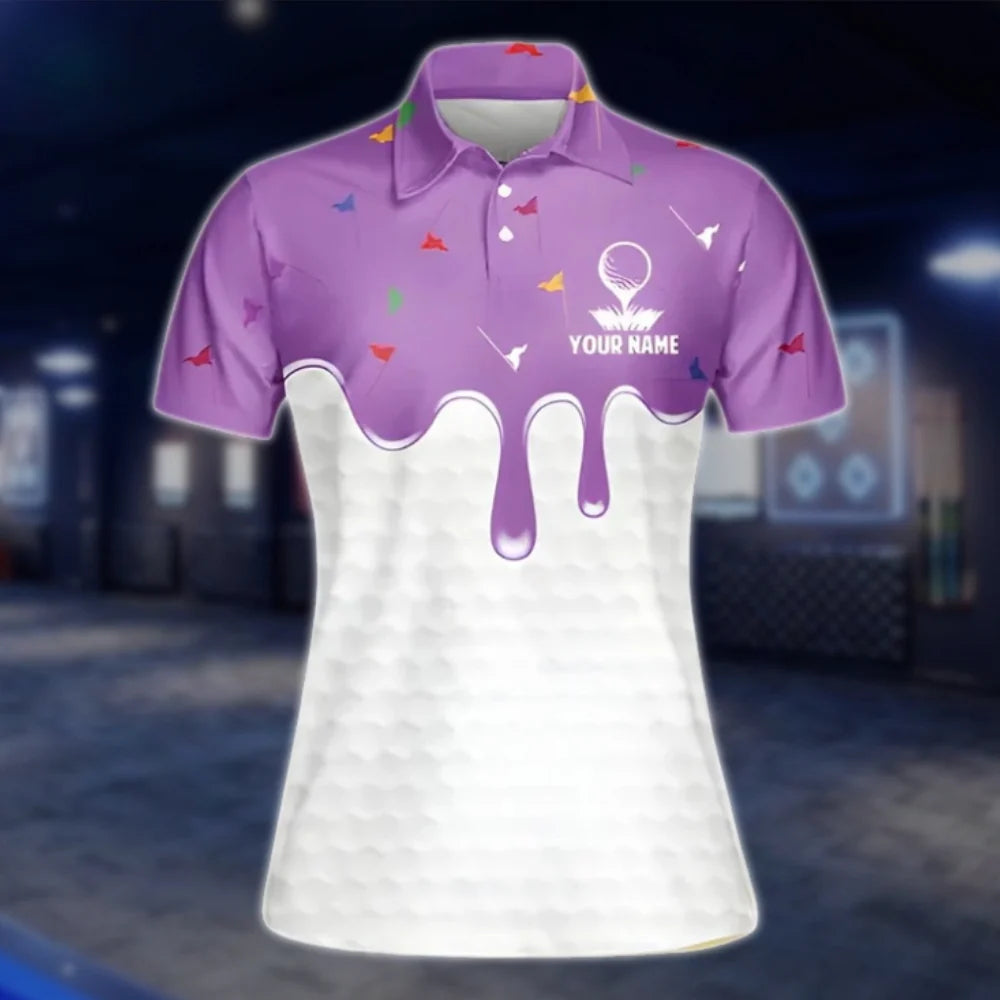Personalized White And Pink Ice Cream Golf Polo Shirts Women, Custom Womens Ice Cream Golf Shirts GOF0300