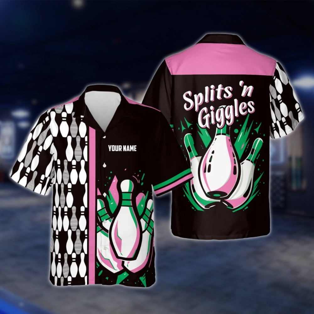 Splits'n Giggles Custom Name Black Purple Bowling Hawaiian Shirt, Custom Funny Bowling Shirts BE0030 BOW0357