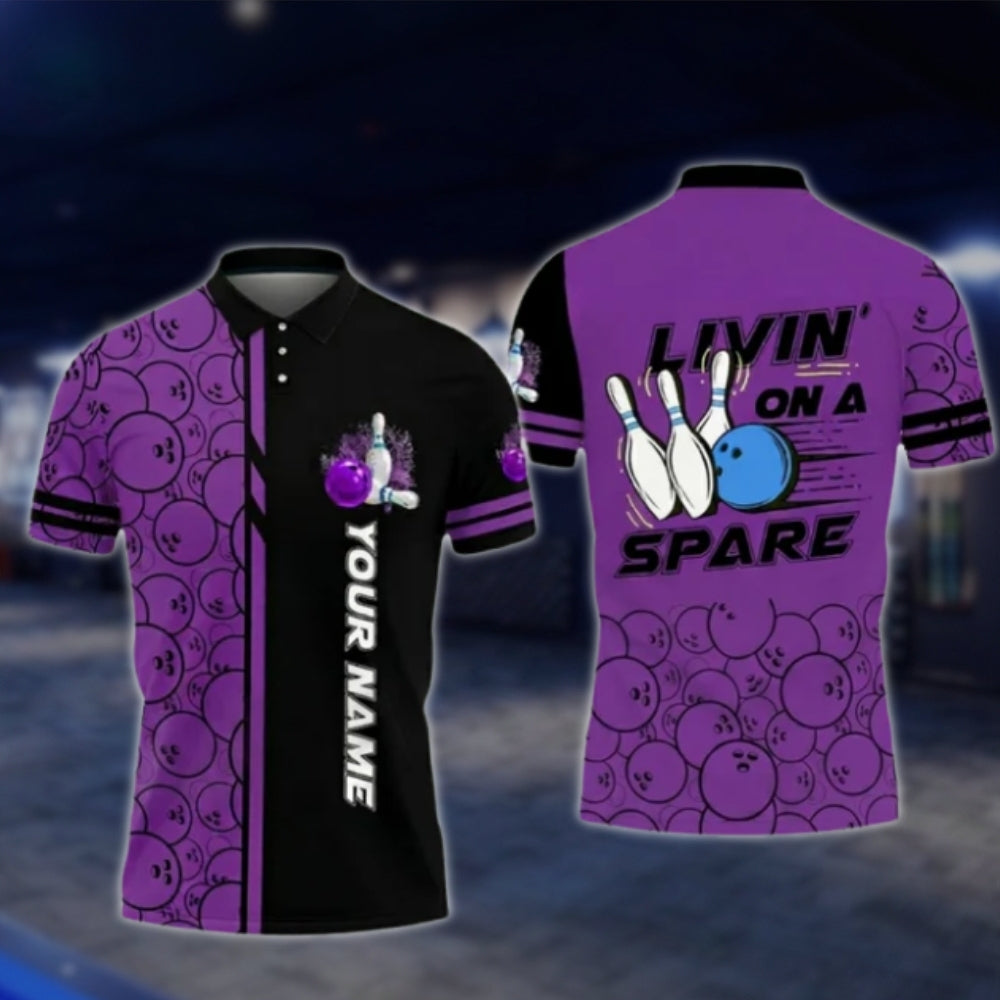 Livin' On A Spare Custom Blue Black Mens Bowling Polo Shirt, Custom Funny Bowling Shirts BO0422 BOW0253