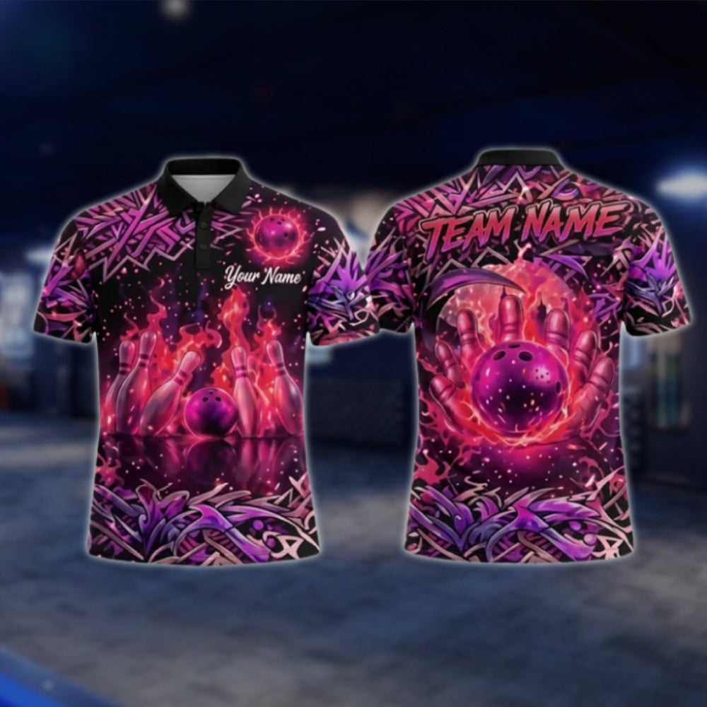 Custom Flame Graffiti Bowling Mens Polo Shirt, Custom Flame Bowling Team Shirts BZ0352 BOW0383