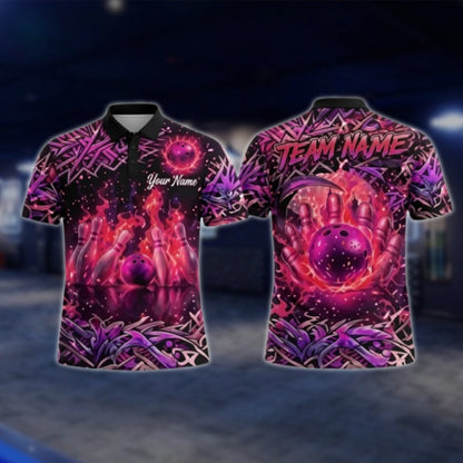 Custom Flame Graffiti Bowling Mens Polo Shirt, Custom Flame Bowling Team Shirts BZ0352 BOW0383