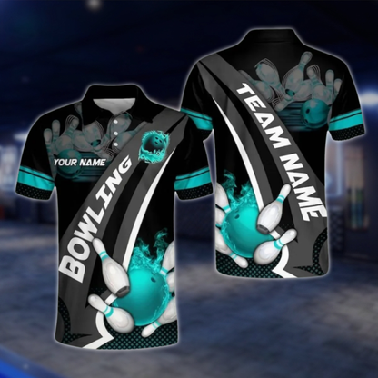 Custom Team Flame Ball Bowling Polo Shirt For Mens, Black And Red Custom Bowling Shirts BO0107 BOW0416