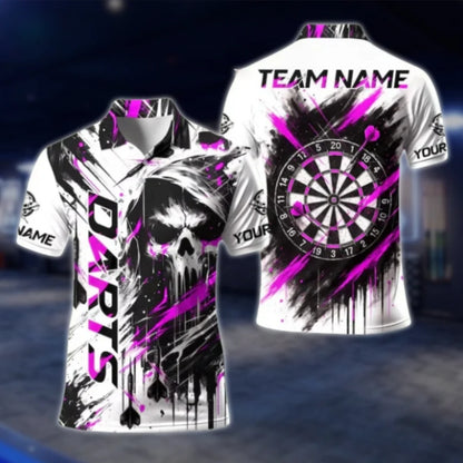 Custom Skeleton Black And White Dart Mens Polo Shirt, Custom Skull Dart Team Shirt DAT0468