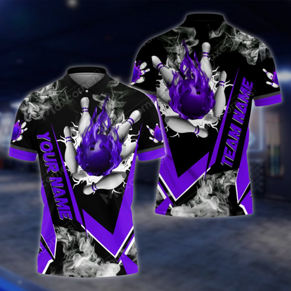 Personalized Mens Flaming Ball Bowling Polo Shirt, Custom Flame Bowling Shirt For Team BZ0811 BOW0145
