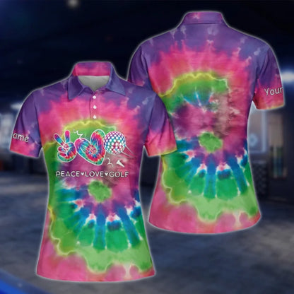 Custom Peace Love Golf Tie Dye Golf Polo Shirts For Women, Custom Tie Dye Golf Shirts GOF0267