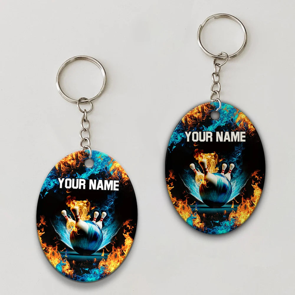Blue Bowling Ball And Pins On Fire Personalized Name 3D Keychain ORN0178