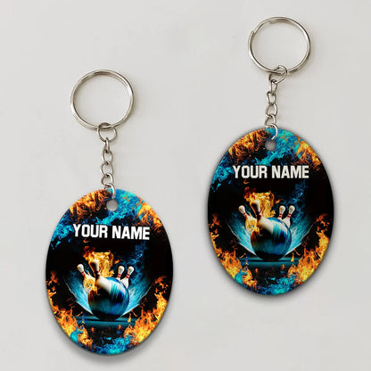 Blue Bowling Ball And Pins On Fire Personalized Name 3D Keychain ORN0178