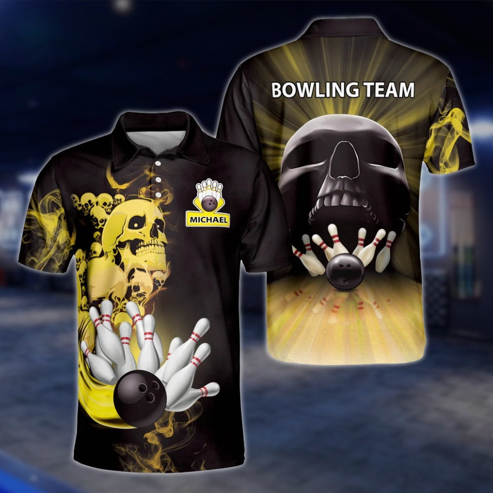 Custom Skeleton Fire Mens Bowling Polo Shirt, Custom Skull Bowling Team Shirts BZ0189 BOW0488