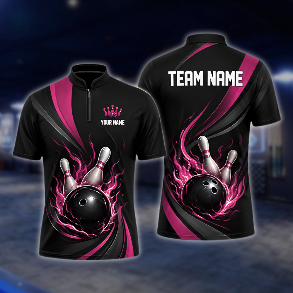 Personalized Flame Red Black Bowling Mens Jersey, Custom Flame Bowling Shirt For Team BZ0923 BOW0018