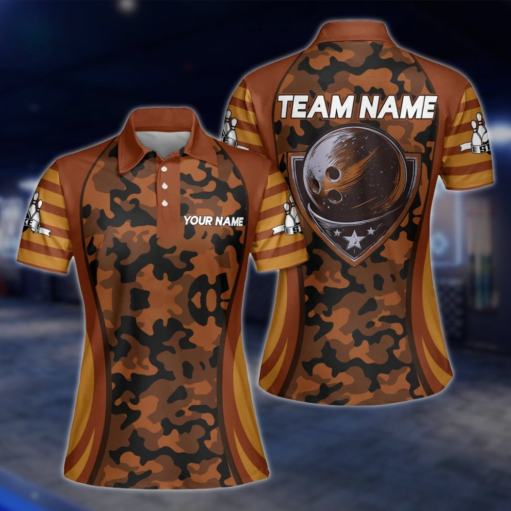 Women's Custom Green Camo Bowling Polo Shirts, Custom Camouflage Bowling Team Shirts For Ladies BZ0193 BOW0218