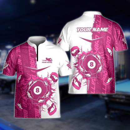 Custom Billiard Jersey Team Shirts, Custom White Blue Break 8 Ball Billiards Team Shirts BLD0293