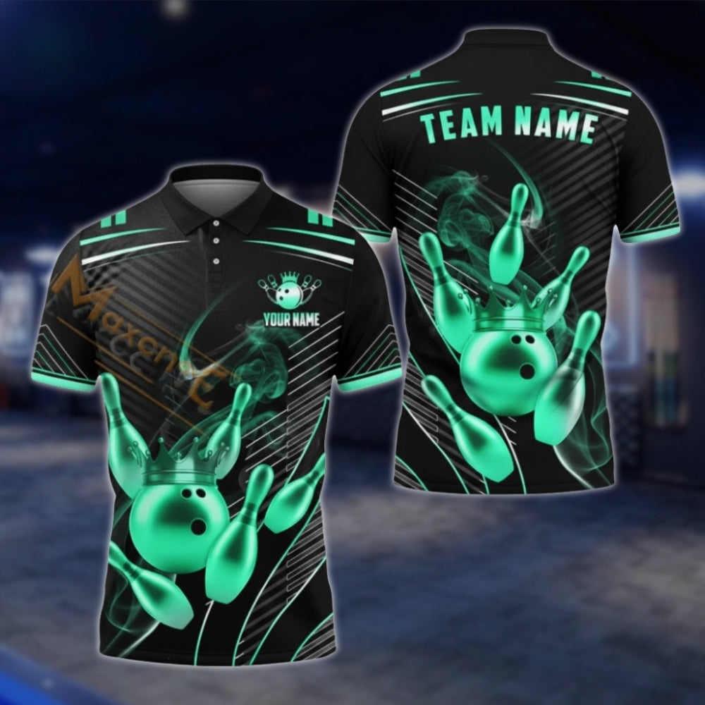 Golden Pins And Ball Custom Team Bowling Polo Shirt For Men, Custom Black Gold Bowling Team Shirts BA0007 BOW0479