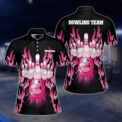 Custom Flame Women's Red Black Bowling Polo Shirt, Custom Flame Bowling Team Shirts BW0125 BOW0212