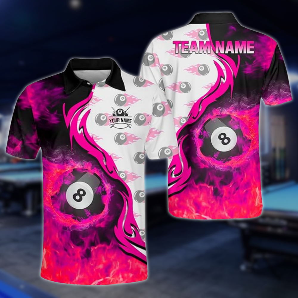 Custom Flame 8 Ball Billiard Men Polo Shirts, Custom Flame Billiard Shirts For Team BLD0253