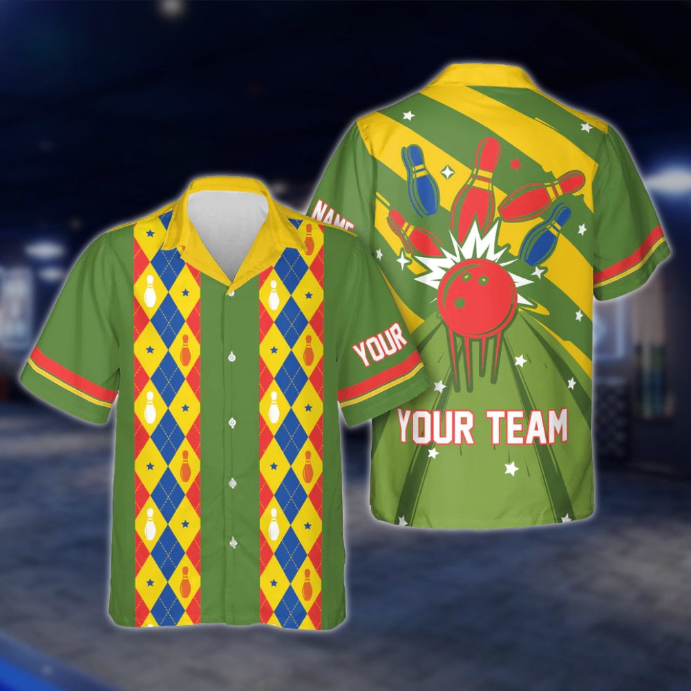 Custom Argyle Red Blue Green Hawaiian Bowling Shirt Men Women, Custom Retro Bowling Shirts For Team BE0015 BOW0347
