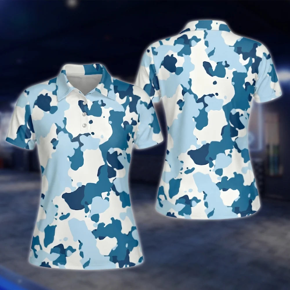 Matching Blue Camo Golf Polo Shirts For Men And Women, Matching Camo His And Her Golf Shirts GOF0175
